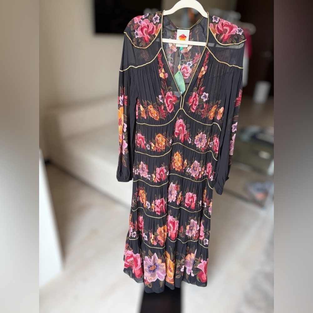 Farm Rio: Black Chenille Flowers Long Sleeve Midi Dress - Picture 9 of 10